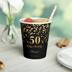 Elegant Black And Gold 50th Birthday Party Paper Cups