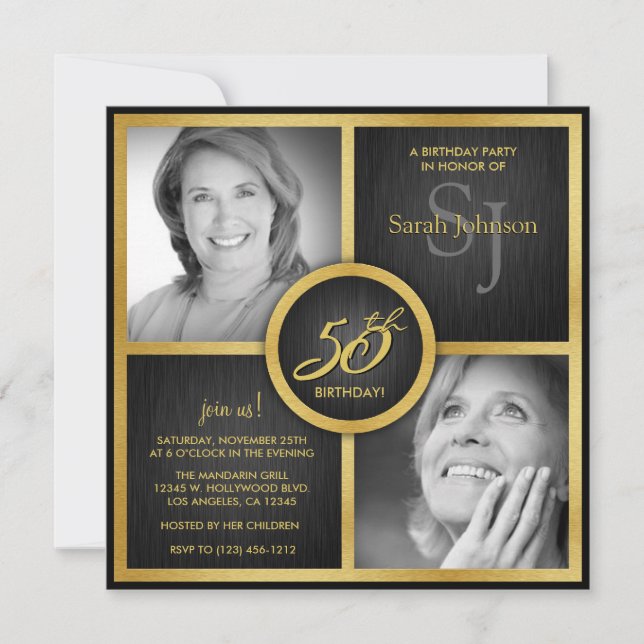 Elegant Black and Gold 50th Birthday Photo Invitation (Front)