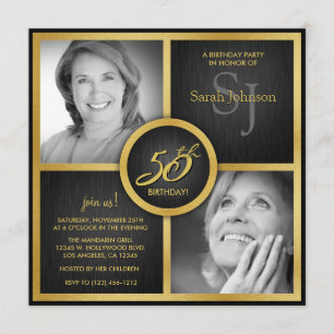 Elegant Black and Gold 50th Birthday Photo Invitation
