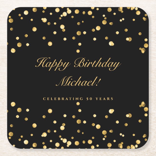 Elegant Black And Gold 50th Birthday Square Paper Coaster (Front)