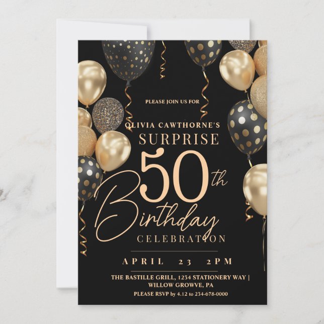 Elegant Black and gold 50th Photo Birthday Invitation (Front)
