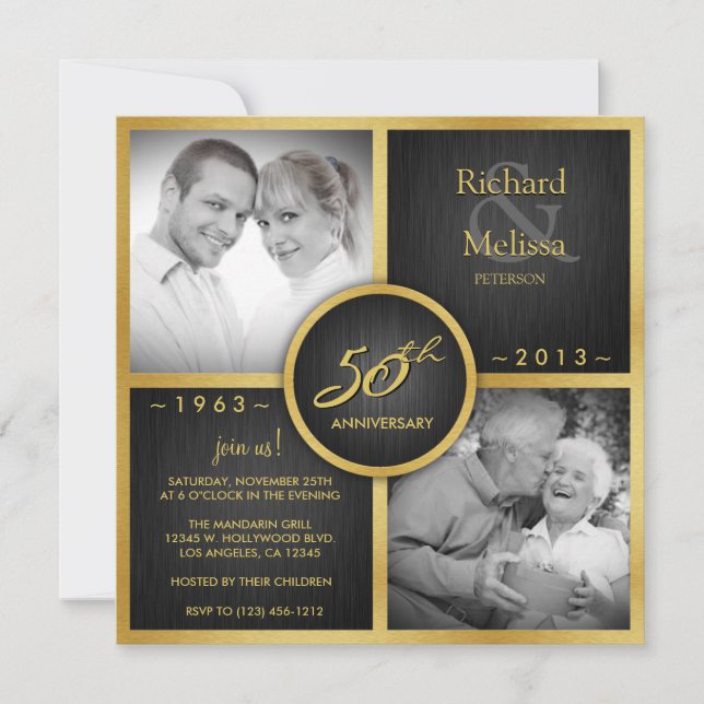 Elegant Black and Gold 50th Wedding Anniversary Invitation (Front)