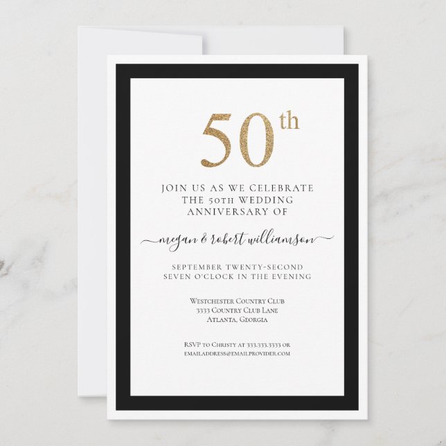 Elegant Black and Gold 50th Wedding Anniversary  Invitation (Front)