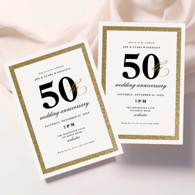 Elegant Black and Gold 50th Wedding Anniversary Invitation (Elegant black and gold glitter milestone wedding anniversary invitations.)
