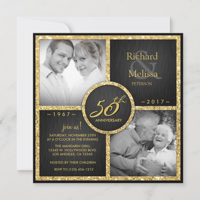 Elegant Black and Gold 50th Wedding Anniversary Invitation (Front)