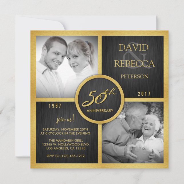 Elegant Black and Gold 50th Wedding Anniversary Invitation (Front)