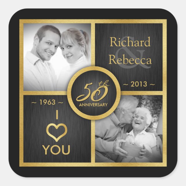 Elegant Black and Gold 50th Wedding Anniversary Square Sticker (Front)