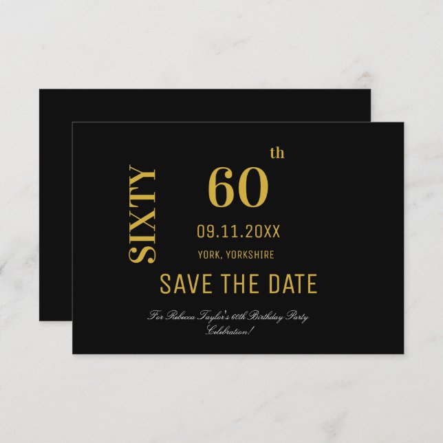 Elegant Black and Gold 60th Birthday  Save The Date (Front/Back)