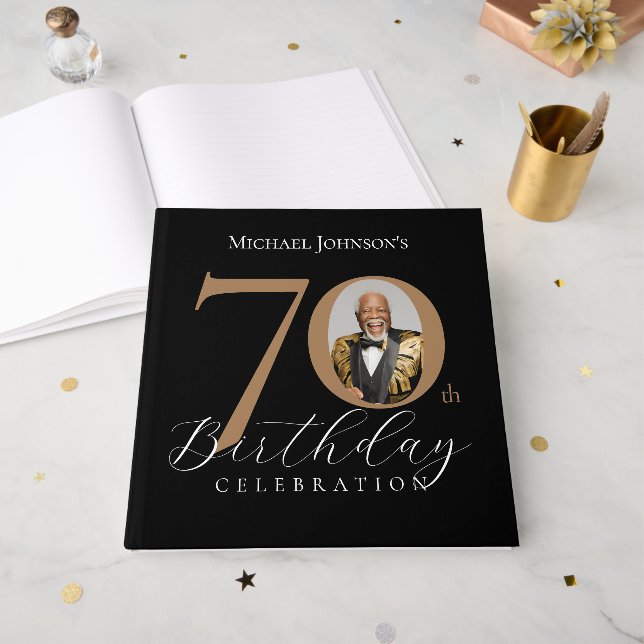 Elegant Black and Gold 70th Birthday Guest Book (Front Open)