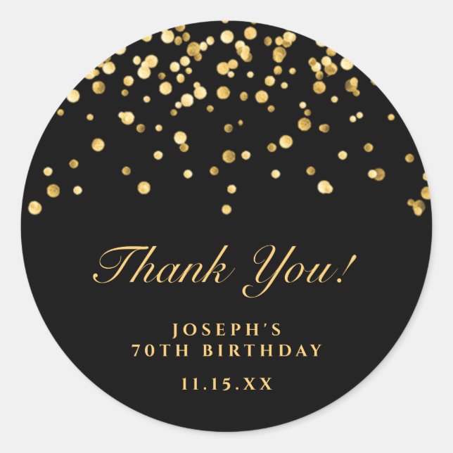 Elegant Black And Gold 70Th Birthday Thank You Classic Round Sticker (Front)