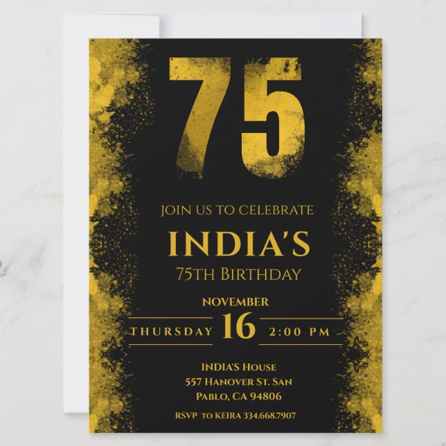 Elegant Black And Gold 75th Birthday Party Invitation (Front)