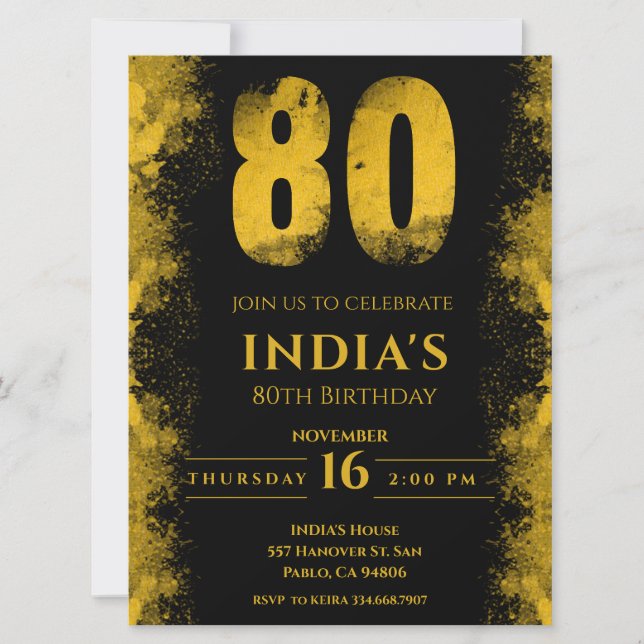 Elegant Black And Gold 80th Birthday Party Invitation (Front)