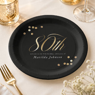 Elegant Black and Gold 80th Birthday Party Paper Plate