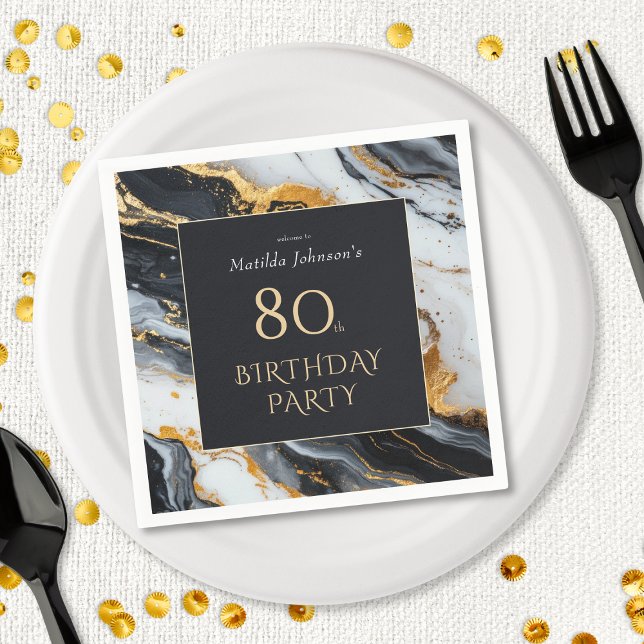 Elegant Black and Gold Agate 80th Birthday Party Napkin (Creator Uploaded)