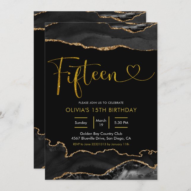 Elegant Black and Gold Agate Fifteen Birthday Invitation (Front/Back)