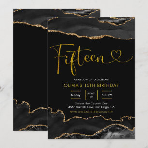 Elegant Black and Gold Agate Fifteen Birthday Invitation
