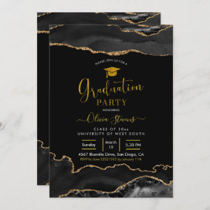 Elegant Black and Gold Agate Graduation Party Invitation