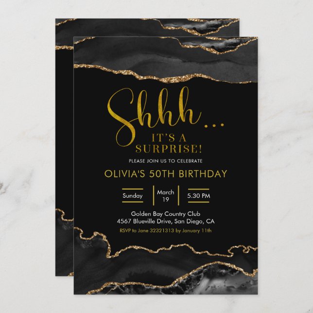 Elegant Black and Gold Agate Surprise Birthday Invitation (Front/Back)