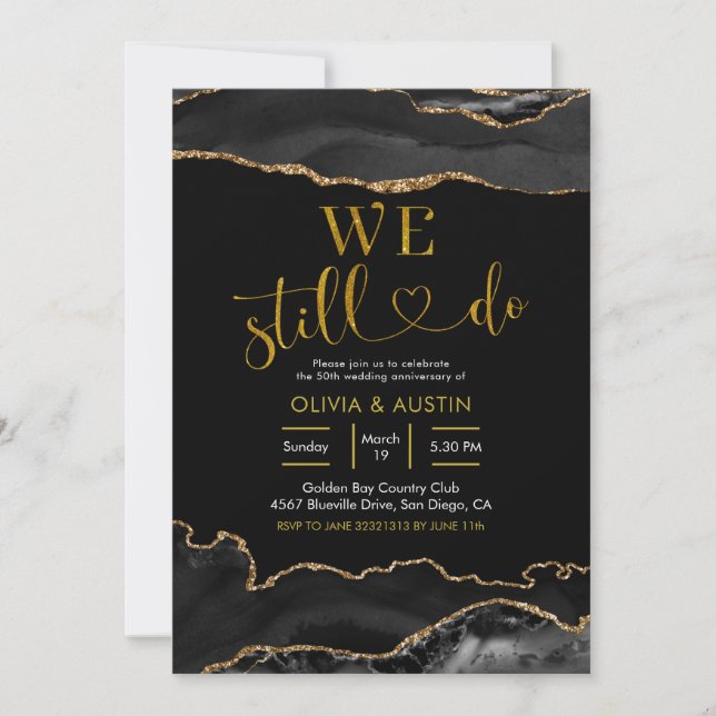 Elegant Black and Gold Agate Wedding Anniversary Invitation (Front)