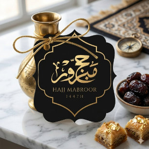 Elegant Black and Gold Arabic Hajj Mabroor Islamic Favour Tags