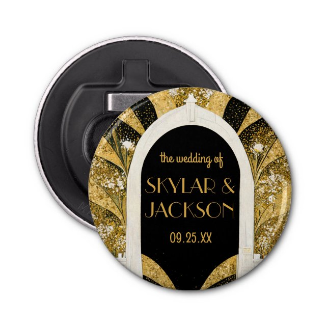 Elegant Black and Gold Art Deco Archway Wedding Bottle Opener (Front)