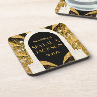 Elegant Black and Gold Art Deco Archway Wedding Coaster