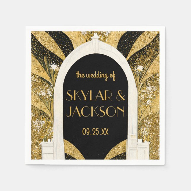 Elegant Black and Gold Art Deco Archway Wedding Napkin (Front)