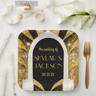 Elegant Black and Gold Art Deco Archway Wedding Paper Plate