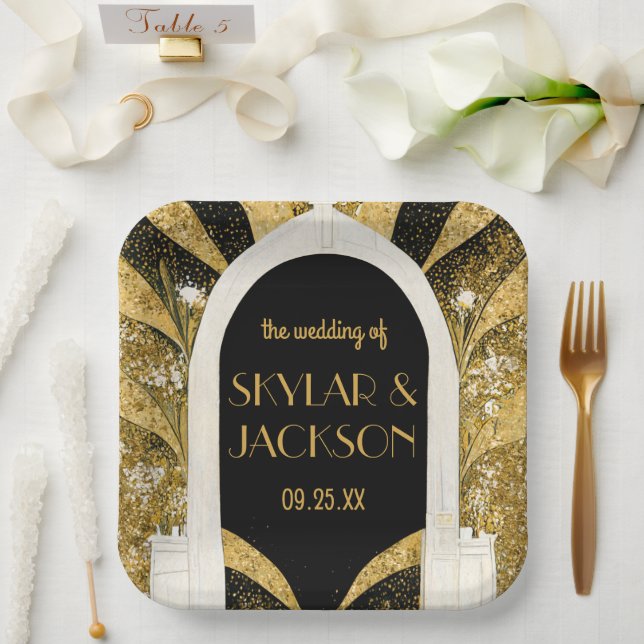 Elegant Black and Gold Art Deco Archway Wedding Paper Plate (Wedding)