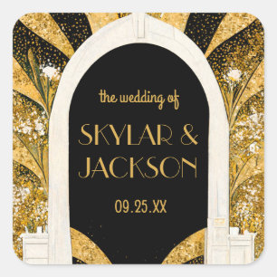 Elegant Black and Gold Art Deco Archway Wedding Square Sticker