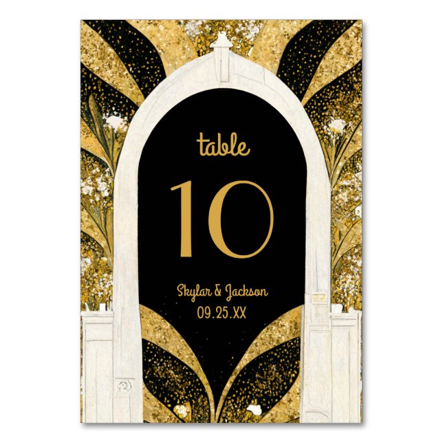 Elegant Black and Gold Art Deco Archway Wedding Table Number (Front)