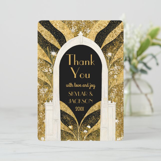 Elegant Black and Gold Art Deco Archway Wedding Thank You Card (Standing Front)