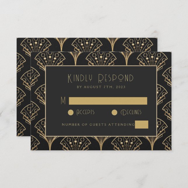 Elegant Black And Gold Art Deco Classic Wedding  RSVP Card (Front/Back)