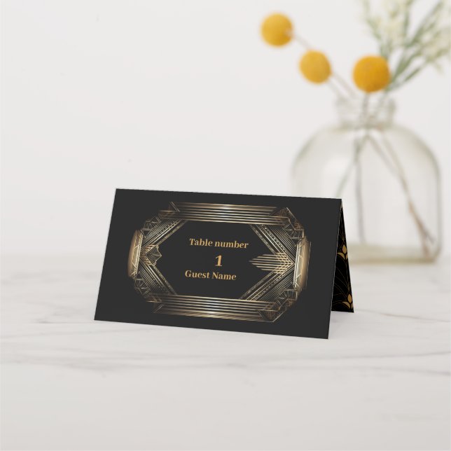 Elegant Black and Gold Art Deco  Wedding Place Card (Front)