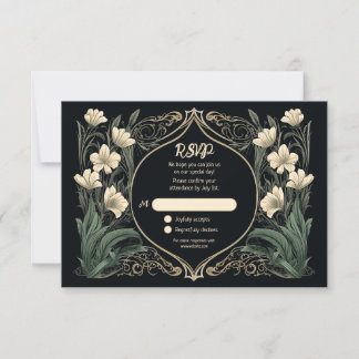 Elegant Black and Gold Art Nouveau Floral RSVP Card