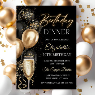 Elegant Black and Gold Balloons Birthday Dinner Invitation