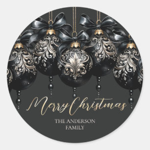 Elegant black and gold baubles luxury Christmas Classic Round Sticker