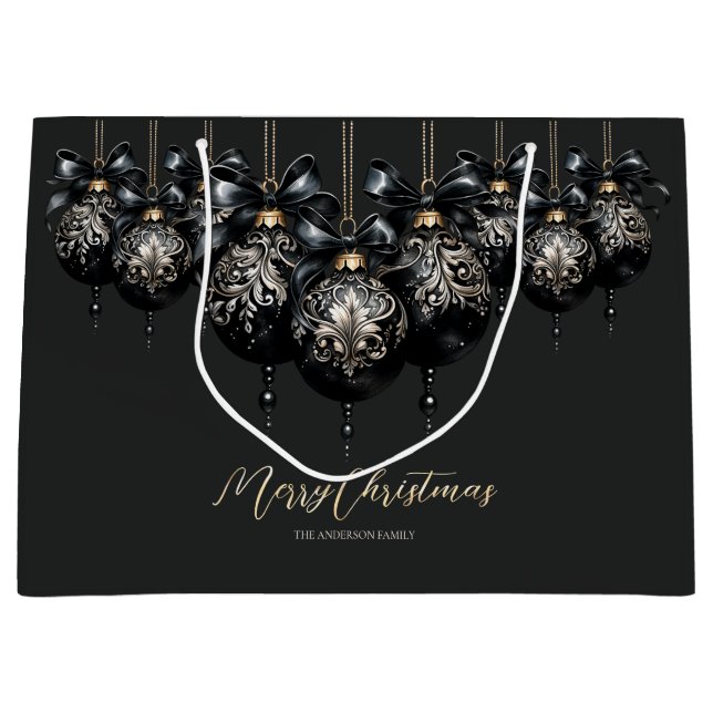 Elegant black and gold baubles luxury Christmas Large Gift Bag (Front)