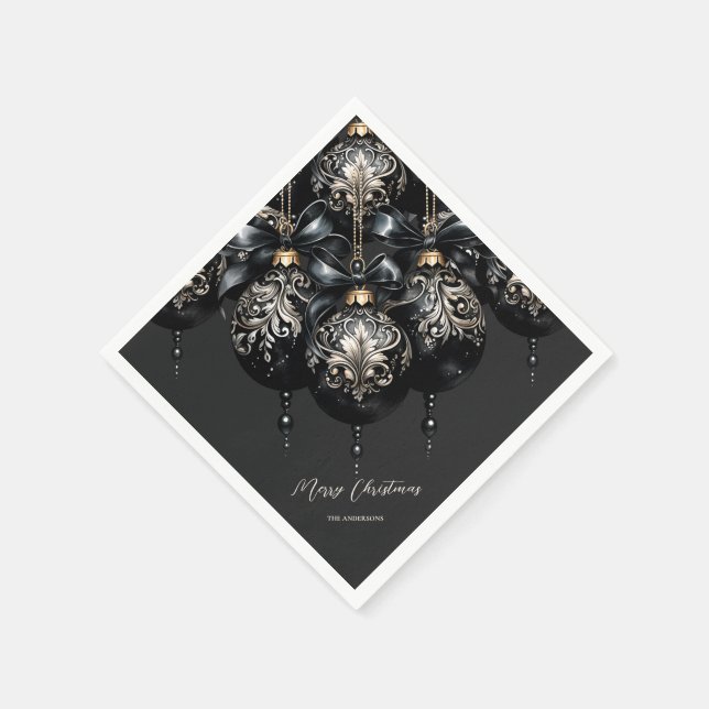 Elegant black and gold baubles luxury Christmas Napkin (Corner)