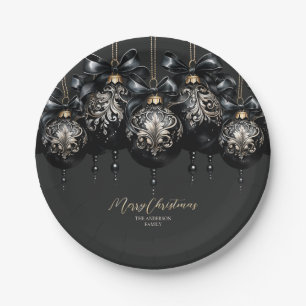 Elegant black and gold baubles luxury Christmas Paper Plate