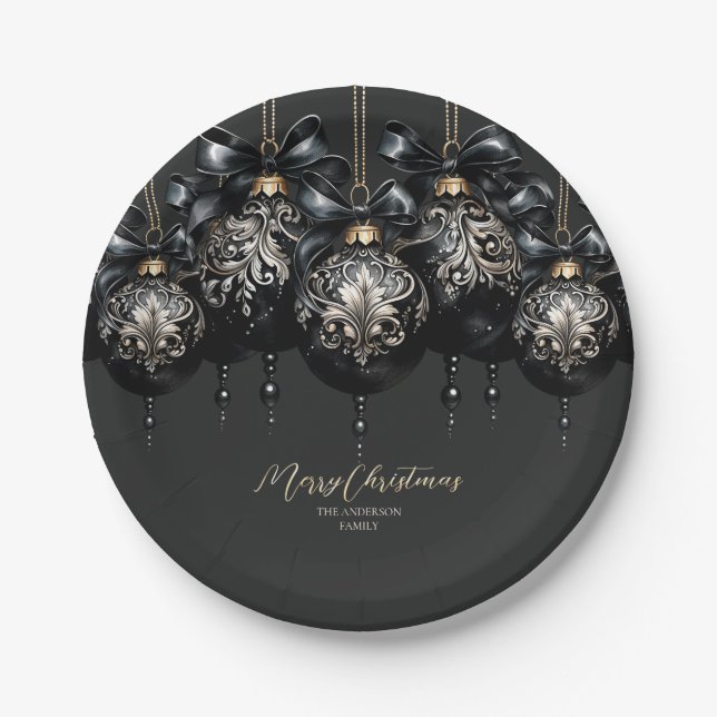 Elegant black and gold baubles luxury Christmas Paper Plate (Front)