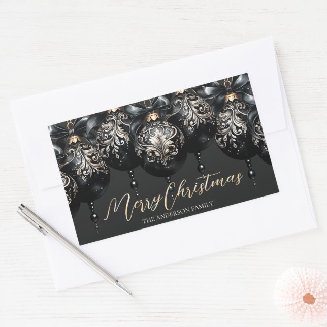 Elegant black and gold baubles luxury Christmas Rectangular Sticker (Envelope)