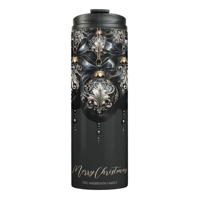 Elegant black and gold baubles luxury Christmas Thermal Tumbler (Front)
