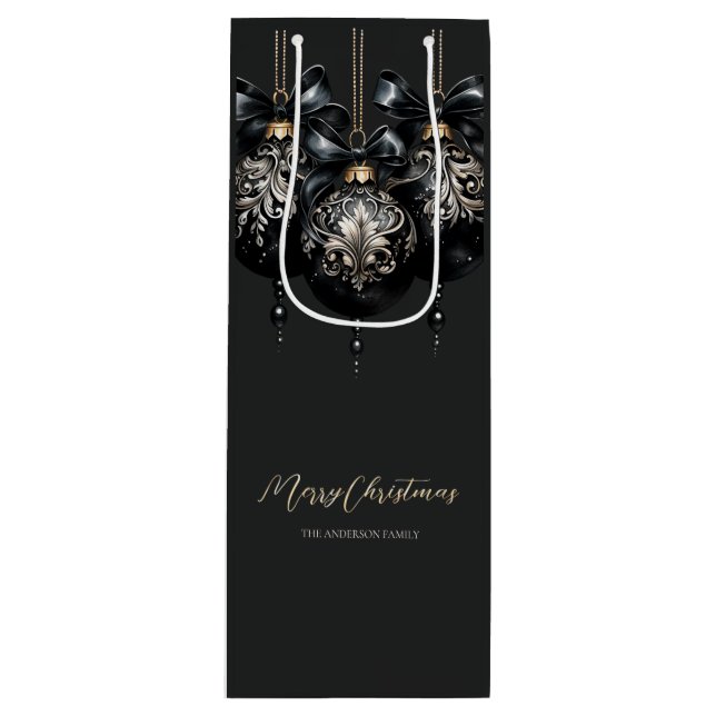 Elegant black and gold baubles luxury Christmas Wine Gift Bag (Front)