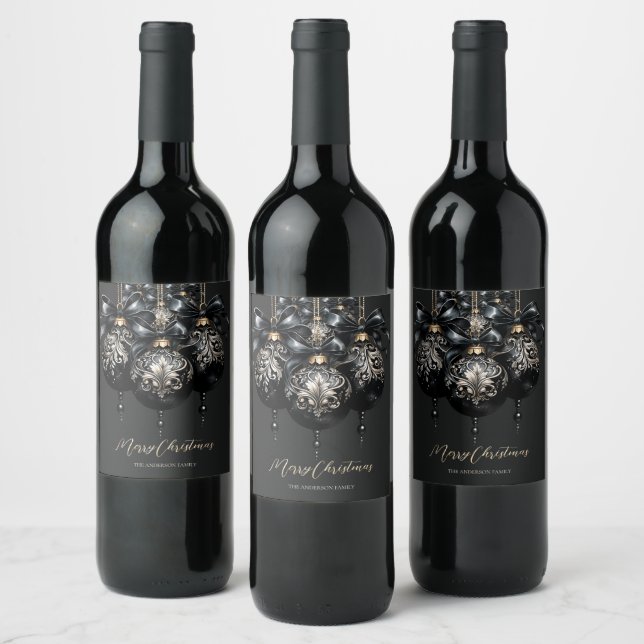 Elegant black and gold baubles luxury Christmas Wine Label (Bottles)