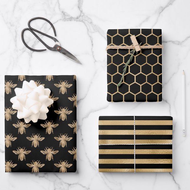 Elegant black and gold bee themed  wrapping paper sheet (Front)