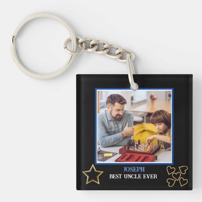 Elegant Black and Gold Best Uncle Ever Photo Key Ring (Front)