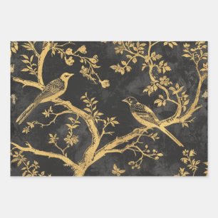 Elegant Black and Gold Birds Wrapping Paper Sheet