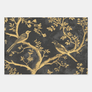 Elegant Black and Gold Birds Wrapping Paper Sheet