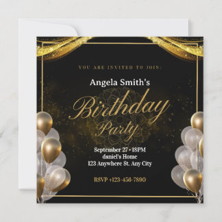Elegant black and gold birthday invitation
